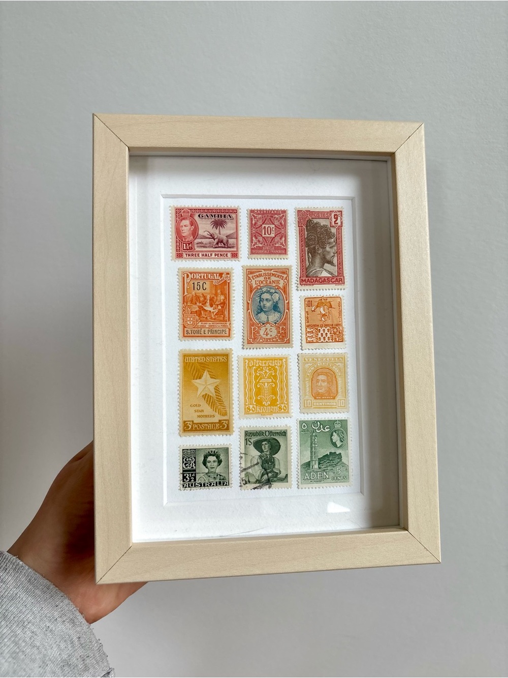 Framed Stamp Collage Wall Art - Natural Wood Frame